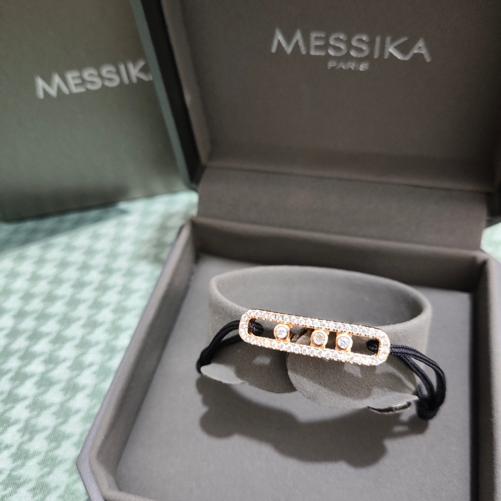 Messika Rose Gold Diamond Bar Bracelet with Black Cord